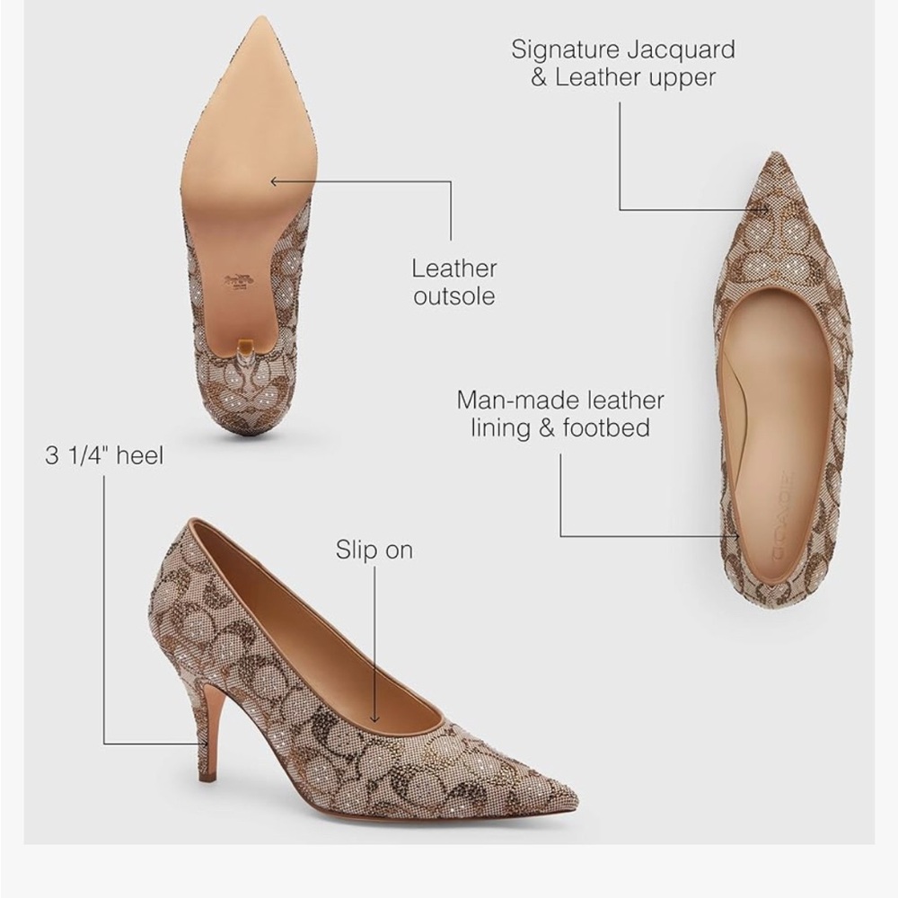 Coach Crystal-Embellished Signature Pointed-Toe Pumps in Beige and Brown - Picture 3 of 5